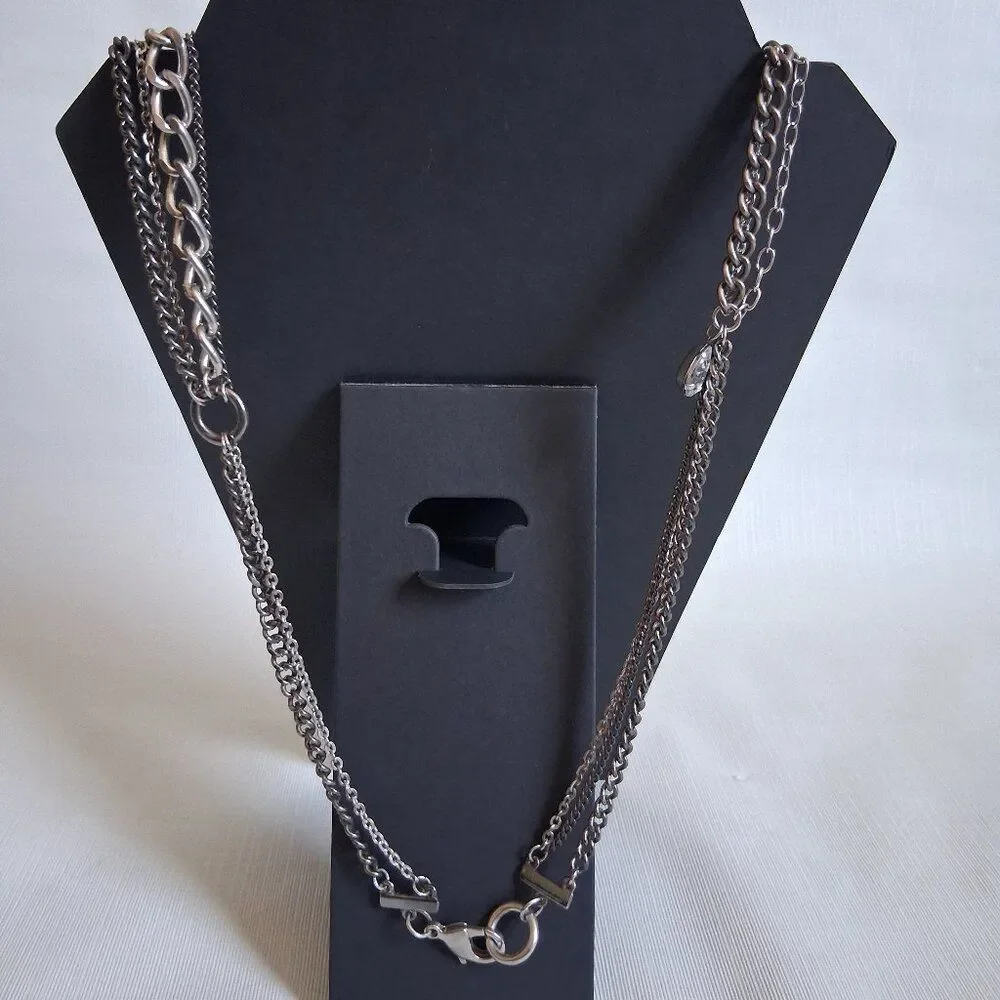 Gunmetal Gray and Silver Toned Metal Curb Cable Link Multi Strand Chain Necklace